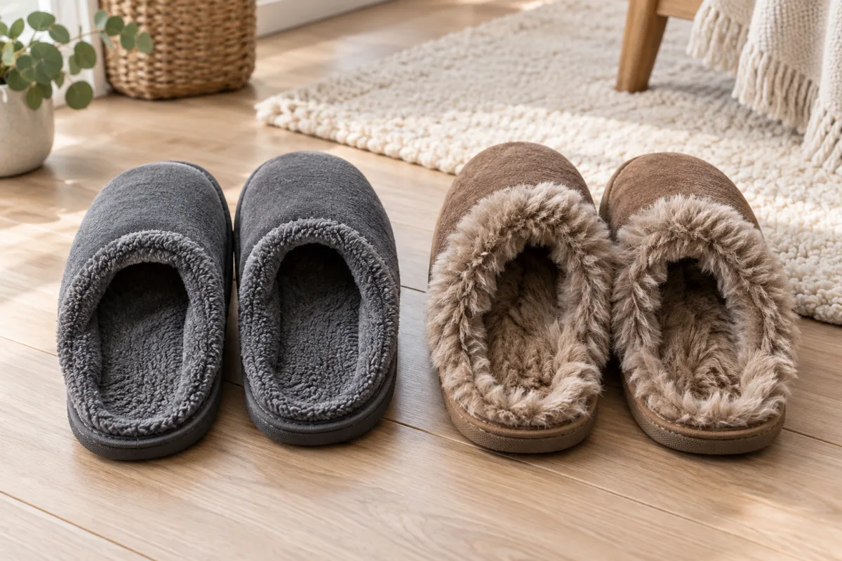 Deux paires de chaussons, l'une doublée de polaire grise courte et l'autre de poils bruns longs
